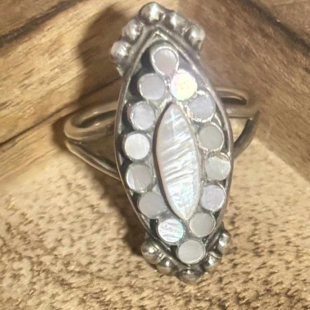 Vintage Native American Silver Ring MOP Navette Inlay Sterling  Size 7
